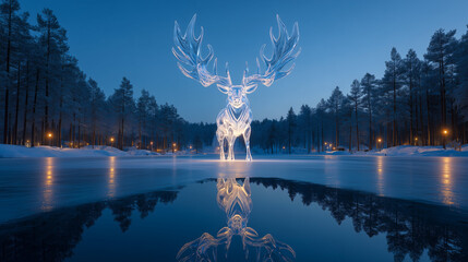 Majestic Ice Moose Sculpture in Winter Forest Reflected on Frozen Lake
