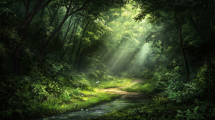 Obraz premium Serene forest scene with a gentle stream flowing through lush greenery and tall trees