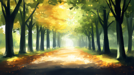 Serene pathway winding through lush green forest surrounded by tall trees and sunlit foliage