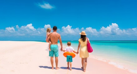 Summer Family on the Beach Rear view of a young family with two children walking on a tropical beach, a concept of summer vacation and togetherness.