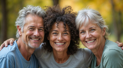 Obraz premium Happy multiracial senior friends smiling cheerfully at camera after exercising in park.