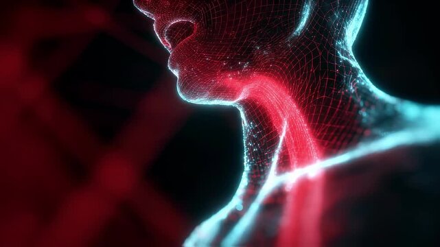 Slowmotion footage of inflamed vocal cords with textured redness and vibration symbolizing vocal fatigue.