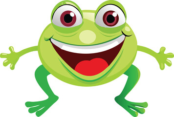 Naklejka premium Vector art of a happy, green cartoon frog with big eyes and a wide smile, isolated on transparent background.