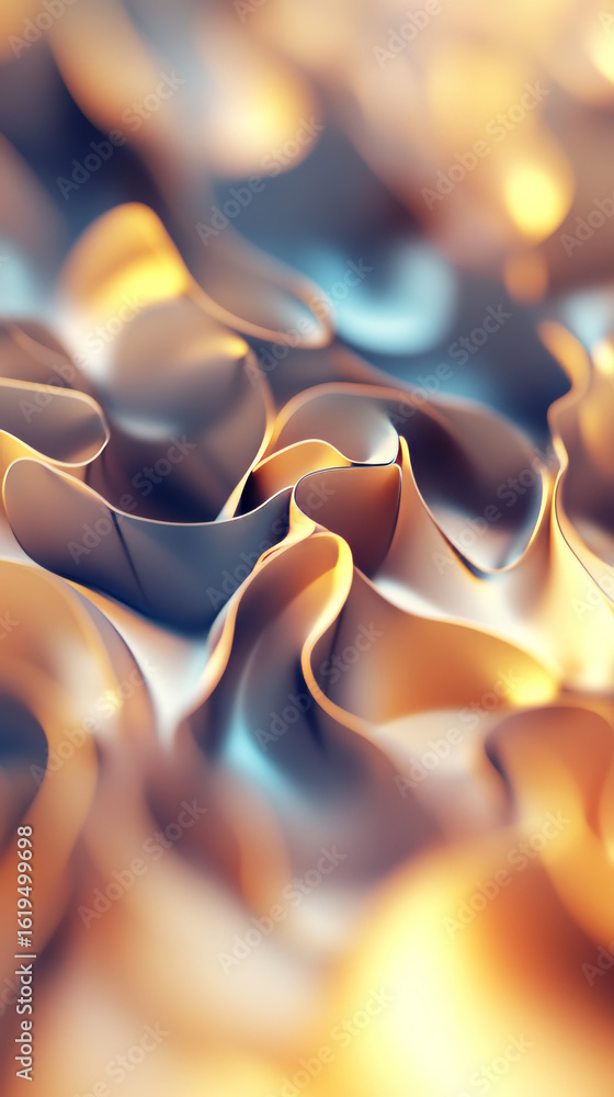 Poster abstract fluid shapes with smooth curves create a mesmerizing visual. warm golden light meets cool b