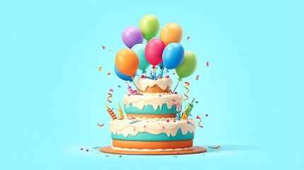 A cheerful cartoon birthday cake with colorful balloons and ribbons, joyful, graphic . .