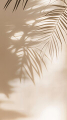Soft shadows of palm leaves fall on a warm beige background. Evokes a serene, natural, and calming atmosphere.
