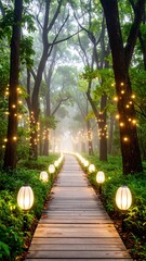 Misty forest pathway lit by string lights