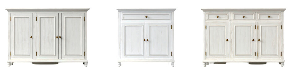 Obraz premium Three white wooden cabinets, featuring simple, classic design with three-door and two-door configurations. Small drawer on center cabinet