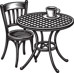 Retro Cafe Scene, Coffee Cup, Table, and Chair Black and White Vector Design.