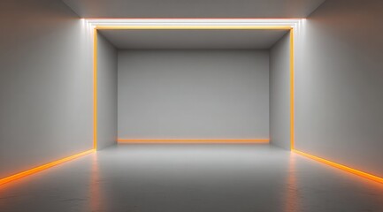 Abstract minimalist rendering of a simple, empty room with bright orange and white LED light strips outlining the walls and floor, creating a clean, modern, and somewhat futuristic atmosphere