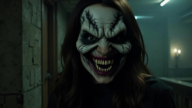 Creepy woman with long dark hair reveals monstrous face in a dimly lit, eerie setting, perfect for horror, suspense, and unsettling themes