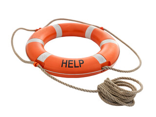 Orange life preserver ring with the word help written on it and rope