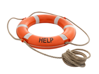 Orange life preserver ring with the word help written on it and rope