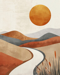 Abstract landscape with winding river and setting sun