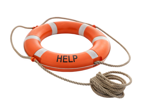 Orange life preserver ring with the word help written on it and rope