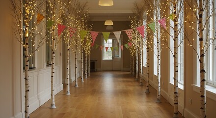 Decorated hallway, birch trees, string lights, pastel bunting, event decor, whimsical, festive, hallway, decor, event, party, wedding, celebration, lights, string, birch, trees, wood, white, green, pi