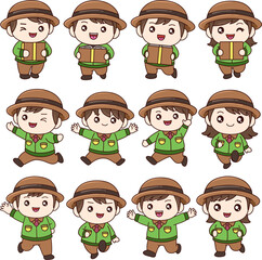 Adorable cartoon kids in scout uniforms, diverse poses with happy expressions. Perfect for children's activities, education, and adventure-themed designs