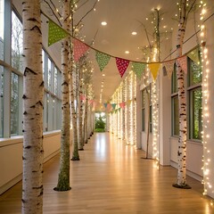 A striking visual of a celebratory pathway, with its natural elements like birch trees blending seamlessly with decorative lights and bunting, inviting a joyful experience.