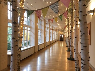 The photograph showcases a beautifully adorned event venue, emphasizing the warm ambiance created by the lights and the playful elegance of the pastel banners.