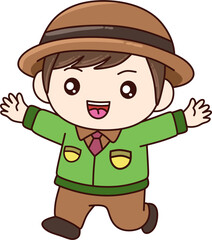 Cute cartoon boy in green shirt and brown hat running with happy face. Perfect for kids illustration, school theme, character design, mascot, and educational content.