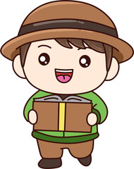 Cute cartoon boy in green shirt and brown hat running with happy face. Perfect for kids illustration, school theme, character design, mascot, and educational content.
