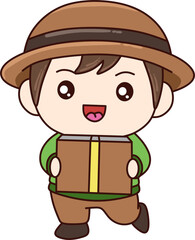 Cute cartoon boy in green shirt and brown hat running with happy face. Perfect for kids illustration, school theme, character design, mascot, and educational content.