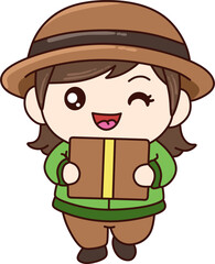 Cute cartoon boy in green shirt and brown hat running with happy face. Perfect for kids illustration, school theme, character design, mascot, and educational content.