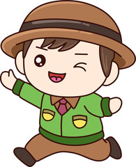 Cute cartoon boy in green shirt and brown hat running with happy face. Perfect for kids illustration, school theme, character design, mascot, and educational content.