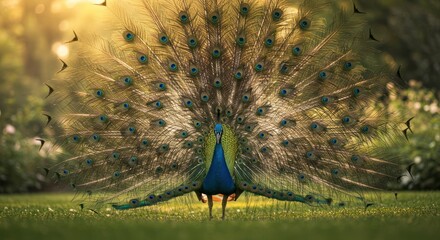 Majestic Peacock Displaying Feathers in Golden Light, Green Grass Background.