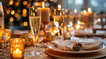 Elegant christmas table setting with champagne and candles