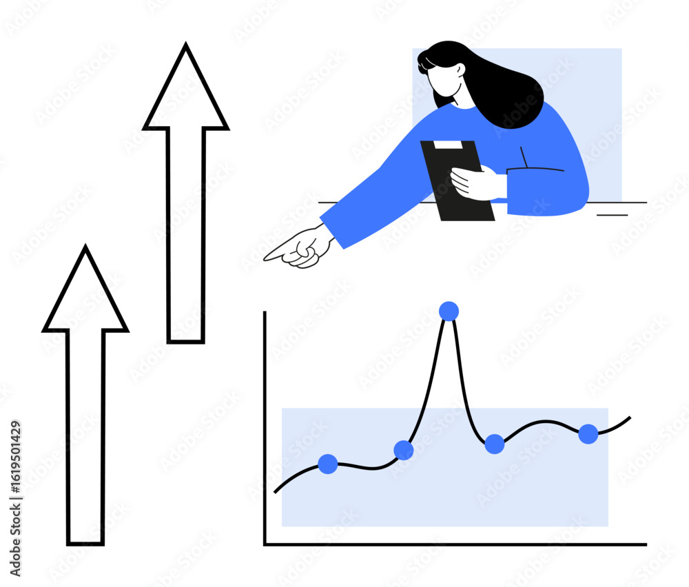 Aufkleber woman reviewing data on a clipboard while gesturing toward growth arrows and graph points. ideal for
