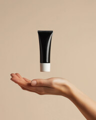 Hand holding a floating black cosmetic tube against a neutral background