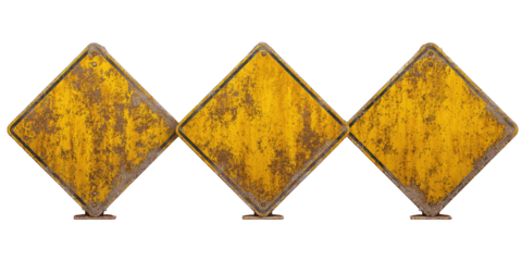 Three weathered, diamond-shaped, yellow road signs
