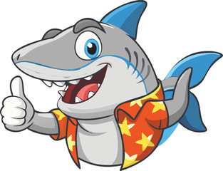 Naklejka premium Vector art of funny cartoon shark wearing a hawaiian shirt giving a thumbs up, isolated on transparent background.