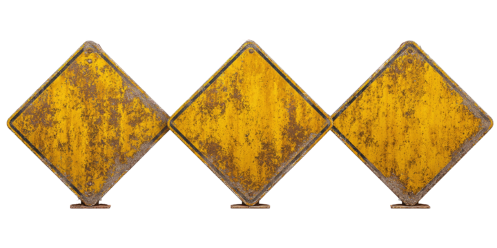 Three weathered, diamond-shaped, yellow road signs
