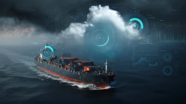 Container ship sailing on the ocean with futuristic augmented reality graphical user interface displaying data, graphs, world map and weather conditions