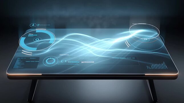 Futuristic table with glowing elements in a dark setting