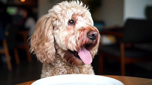 Close Up Labradoodle with Golden Brown Fur and Long Tongue Out Sitting at Table Waiting For Food in Restaurant Setting