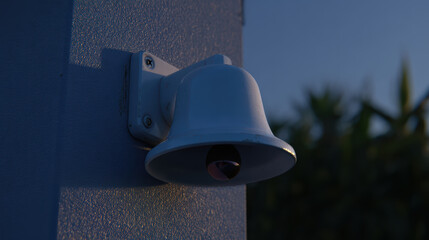 Metal bell mounted on wall with evening light and shadow