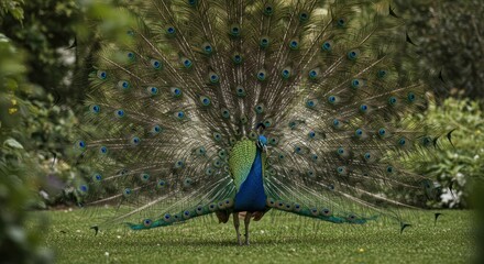 Peacock Displaying Tail Feathers on Green Grass