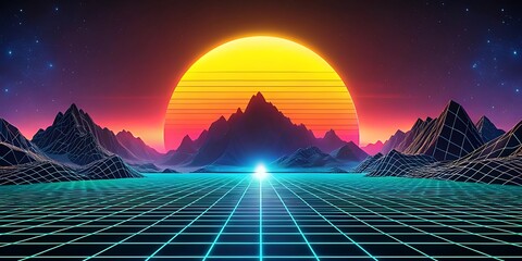 Retro Synthwave Landscape with Grid Mountains and Sunset in Neon Colors