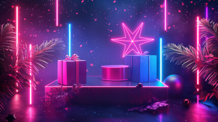 Vibrant neon triangle stage lights with bokeh effects