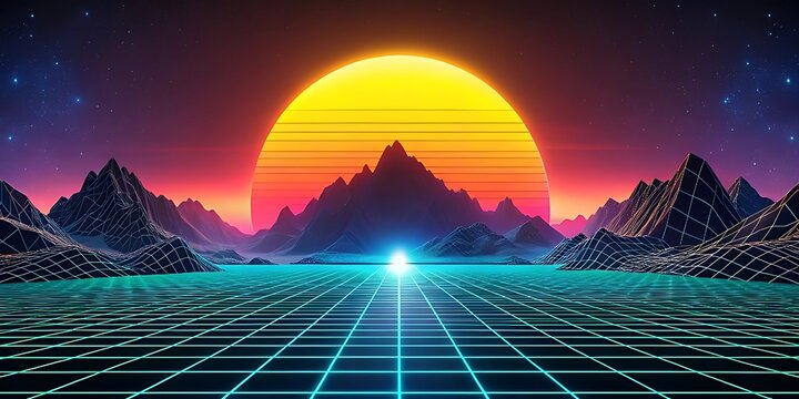 Retro Synthwave Landscape with Grid Mountains and Sunset in Neon Colors