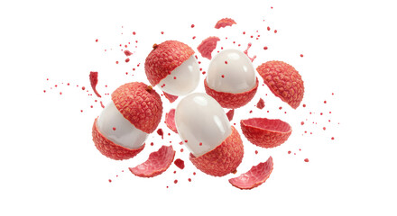 Fototapeta premium Floating Lychees with Partially Peeled Skin and Exposed White Flesh Against Black Background