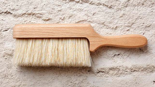 Wooden brush with natural bristle on textured wall for cleaning