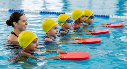 Swimming Lesson for Kids Cheerful female instructor teaching a group of young children with kickboards in a swimming pool lesson.