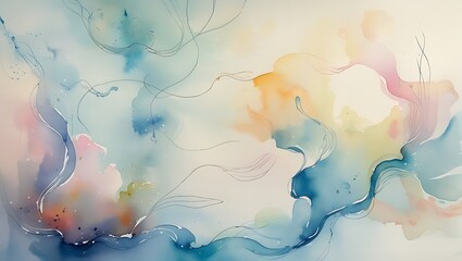 Abstract watercolor artwork featuring flowing shapes and delicate linear details in soft colors