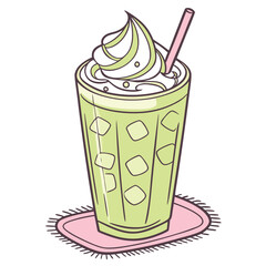 A tall glass of green iced beverage with whipped cream and straw green drink ice cubes