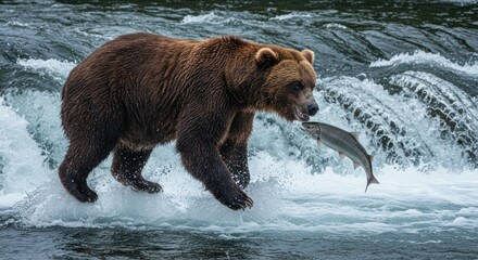 Brown Bear Catching Salmon in Rushing River Rapids, Alaska Wildlife Scene