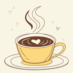 A warm inviting illustration of a steaming cup of coffee with a heart saucer